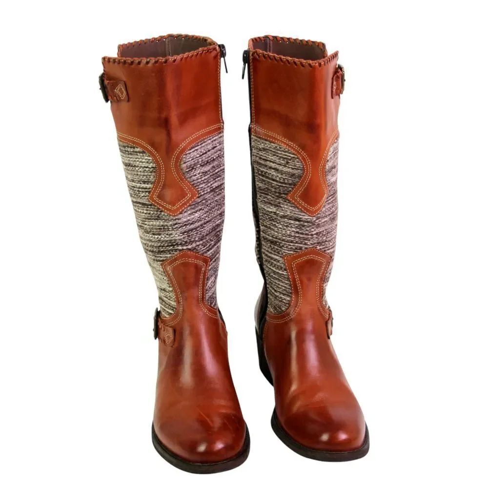 Fortress of Inca BROWN LEATHER TAPESTRY MID HEEL ZIP SIDE ROUND TOE BOOTS Sz 6